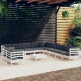 Gossi set mobilier gradina cu perne, 12 piese, alb, lemn masiv pin