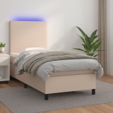 VidaXL Pat cu arcuri, cu saltea și LED cappuccino 100x200 cm piele eco