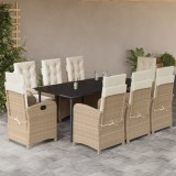 VidaXL Set de masă pentru grădină, 9 piese, cu perne, bej, poliratan