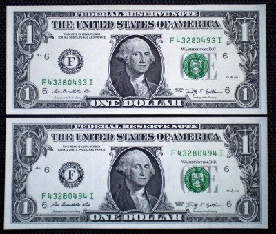 112 USA SUA 2X1 DOLLAR 2009 SERII CONSECUTIVE SR. 493-494 AUNC/UNC foto
