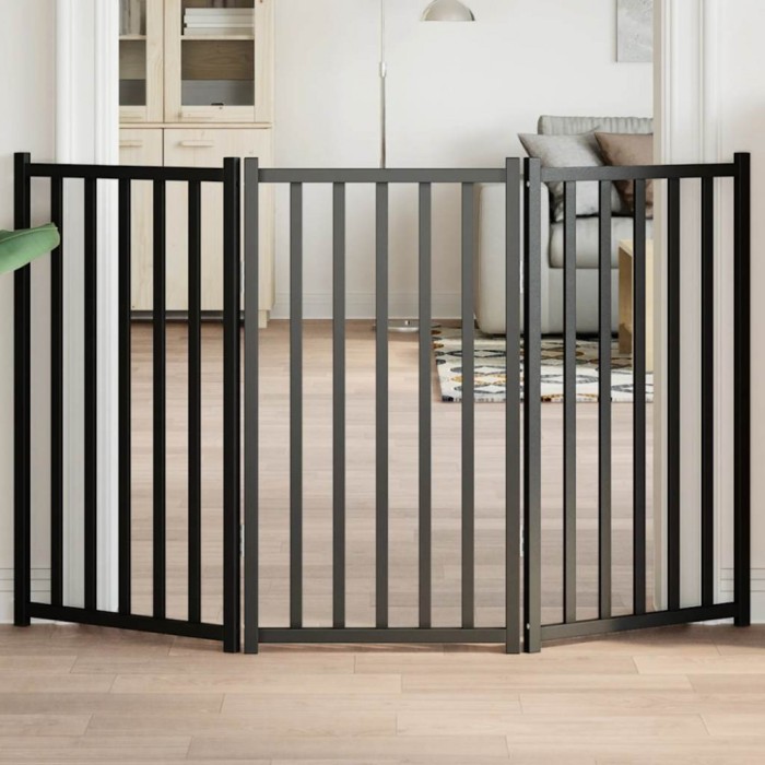 vidaXL Poartă pentru c&acirc;ini pliabilă 3 panouri negru, 150 cm, lemn brad 352286