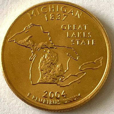AMERICA QUARTER 1/4 DOLLAR 2004 LITERA D.(GREAT LAKES STATE-MICHIGAN),PLACAT AUR foto