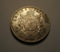 Franta 5 Franci Francs 1867 A Imparatul Napoleon III foto