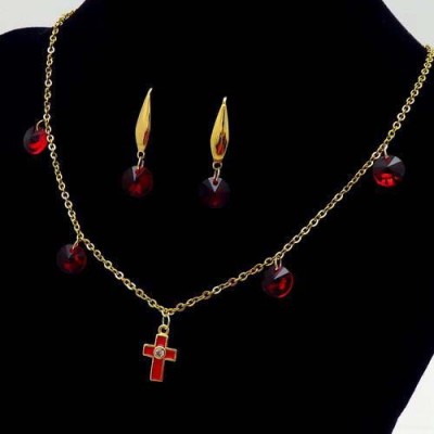 Set Lant+ Cercei Fashion Cu Cruce Rosu- Cod S248C foto