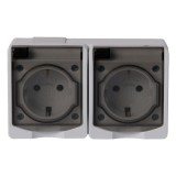 Priza dubla Lohuis AG, aparenta, cu capac, contact de protectie, 16A, IP44, alb + gri