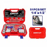 Trusa de Scule EMTOP ESKT42511, 1/4&Prime; + 1/2&Prime;, 51 Componente, Cutie de Transport, Ideala pentru Uz Caznic si Auto, Tubulare, Clichet, Bara T Glisanta, C