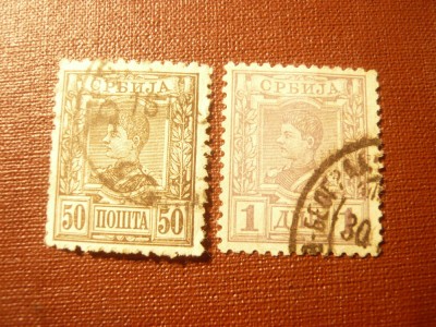 2 Timbre Serbia 1890 Rege Alexander I , 50 para si 1 dinar stampilate foto