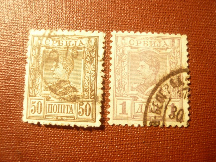2 Timbre Serbia 1890 Rege Alexander I , 50 para si 1 dinar stampilate