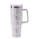Cana Termos din Plastic, Flippy, pentru Bauturi Calde si Reci, cu Maner, Imprimeu Floral, Alb, 10x7.6x27.5 cm
