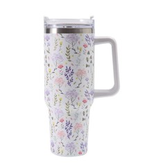 Cana Termos din Plastic, Cyrax, pentru Bauturi Calde si Reci, cu Maner, Imprimeu Floral, Alb, 10x7.6x27.5 cm