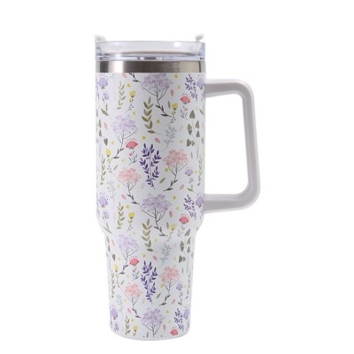 Cana termos din plastic, flippy, pentru bauturi calde si reci, cu maner, imprimeu floral, alb, 10x7.6x27.5 cm foto