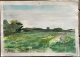 Lucrare Ana Teodorescu, Peisaj, acuarela pe carton subțire 30 x 20 / arta romaneasca / semnatura / foarte decorativ