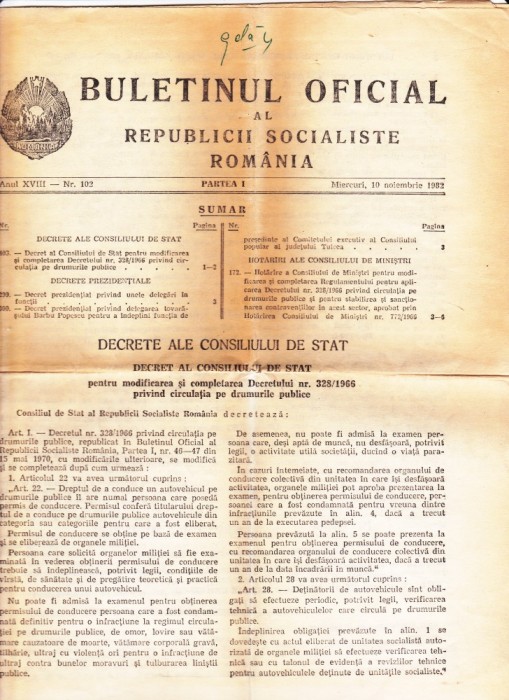 AMS @ - BULETINUL OFICIAL AL RSR, MIERCURI 10 NOIEMBRIE 1982, ANUL XVIII, NR. 102