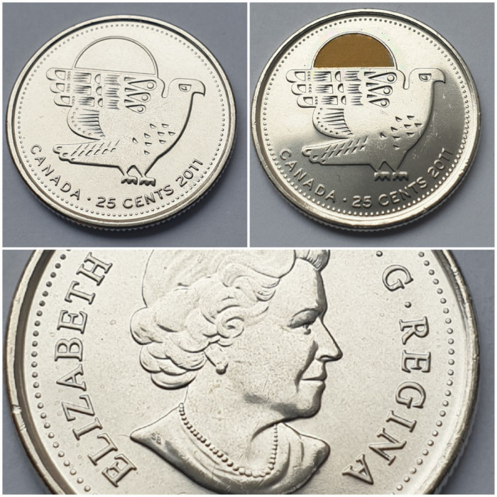 2 monede 25 cents 2011 Canada, Peregrine Falcon, unc, varianta color &amp; normala