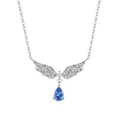 Lantisor Argint 925 Aripi de Inger si Cristal Albastru, Placat cu Rodiu