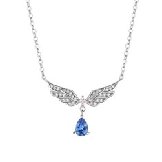 Lantisor Argint 925 Aripi de Inger si Cristal Albastru, Placat cu Rodiu