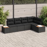 Set de canapea de gradina de 5 piese cu pernite, negru, ratan poli, acacia, canapea de gradina cu 2 locuri cu depozitare si pernite, negru, ratan poli