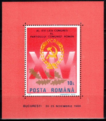 Romania 1989, LP 1232, Al XIV-lea Congres al P.C.R., colita, MNH! LP 20,00 lei foto