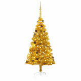 Brad de Crăciun artificial cu LED&amp;globuri auriu 180 cm PET