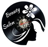 Ceas de perete decorativ realizat din disc de vinil, Model Beauty Salon Profil Femeie Floare, Negru, 30 cm