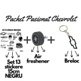Set Cadou Pasionati Chevrolet , 13 Stickere Personalizate, Breloc 3D si Air Freshener Roata 3D