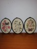 3x tablou cusut brodat manual broderie veche inramata floral fluture flori fluturi in rama ovala sintetica