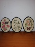 3x tablou cusut brodat manual broderie veche inramata floral fluture flori fluturi in rama ovala sintetica