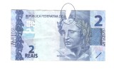 Bancnota Brazilia 2 reais 2010 (seria cH 2015), cu mica ruptura