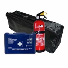 Set pachet prim ajutor auto trusa sanitara si stingator cu pulbere 1kg Cridem geanta organizatoare Negru Garage AutoRide
