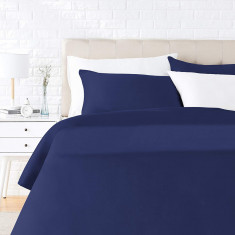 Set lenjerie de pat din satin, 260 x 220 cm / 50 x 80 cm x 2, Albastru închis