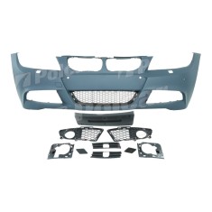Set bara fata BMW Seria 3 (E90/E91), 08.2008-06.2012, cu gauri spalator si senzori parcare; grunduit, de vopsit; type M-Tech; cu grile inferioare; cu