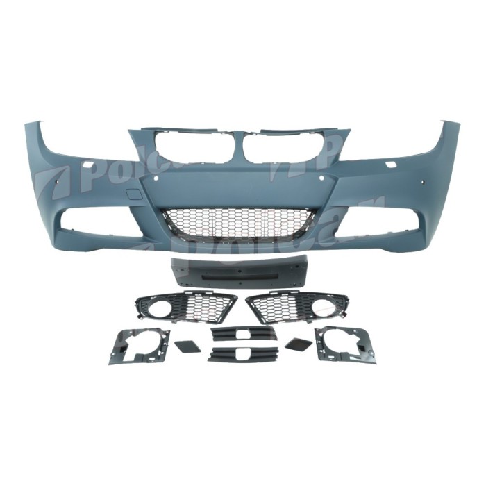 Set bara fata BMW Seria 3 (E90/E91), 08.2008-06.2012, cu gauri spalator si senzori parcare; grunduit, de vopsit; type M-Tech; cu grile inferioare; cu