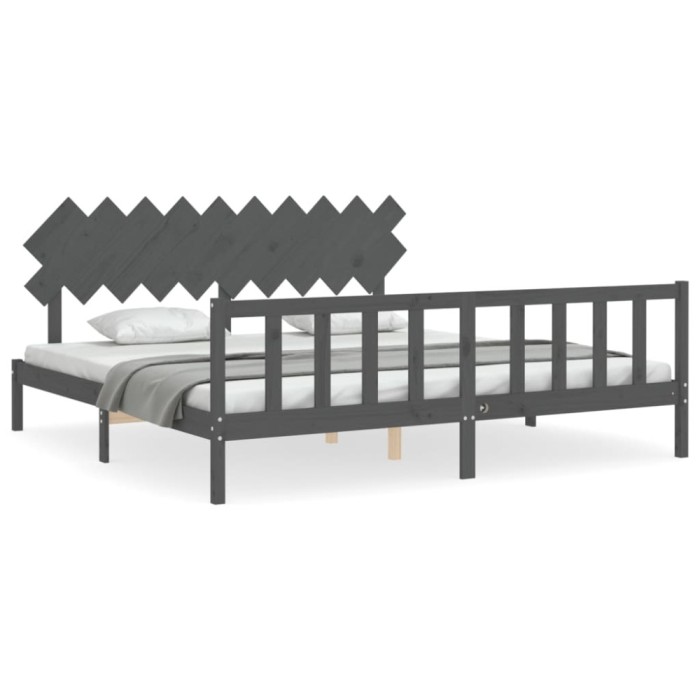 Cadru pat cu tablie 200x200 cm, gri, lemn masiv