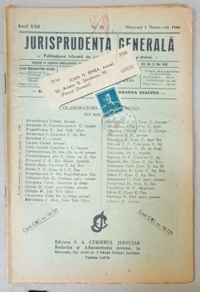 JURISPRUDENTA GENERALA , PUBLICATIUNE TRILUNARA DE JURISPRUDENTA ROMANA SI STRAINA , NR. 29 , 1944