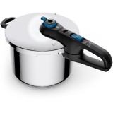 Oala sub presiune Tefal Secure Trendy 6 Aqua Blue, 6L, 2 trepte de gatire, 5 sisteme de siguranta, indicator presiune, inductie, inox cu maner negru c