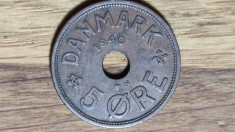 Danemarca - moneda de colectie mare din bronz - 5 ore 1940 - impecabila !