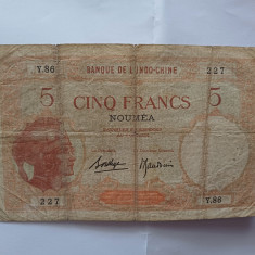 CY - 5 francs franci 1926 Noua Caledonie Noumea / Banca IndoChinei / RARA