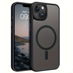 Husa de protectie compatibila cu iPhone 15, MagSafe, Impermeabil, Antizgarieturi, Anticadere, Semi-Transparenta cu Textura Mata, Neagra