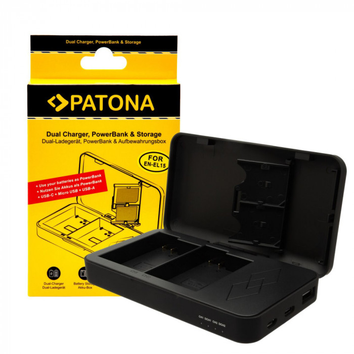 Incarcator Patona Dual EN-EL15 cu functie Power Bank si spatiu pentru 2x carduri SD 1719