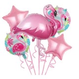 Baloane aniversare flamingo party, flippy, din folie de aluminiu si latex, set din 5 baloane, 1 flamingo, 2 stele, 2 rotunde, 60 x 90 cm, adeziv si pa