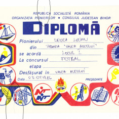 Diploma RSR Organizatia Pionierilor, 1986, locul I fotbal