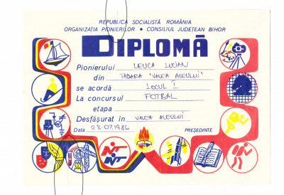 Diploma RSR Organizatia Pionierilor, 1986, locul I fotbal foto