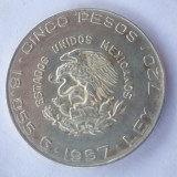 Moneda 5 pesos 1957 argint Mexic, America de Nord