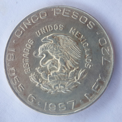 Moneda 5 pesos 1957 argint Mexic foto