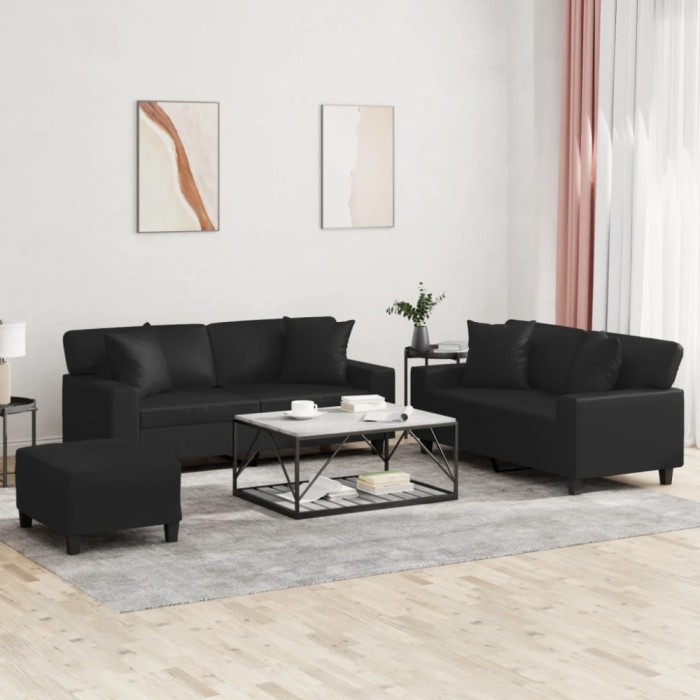 Set de canapele cu perne, 3 piese, negru, piele ecologică