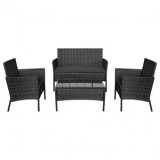 Set Mobilier Gradina Teesa Rose, 4 Piese, Ratan Negru, Cadru Otel, Canapea 2 Locuri, Fotolii, Masuta Cafea, Perne Incluse