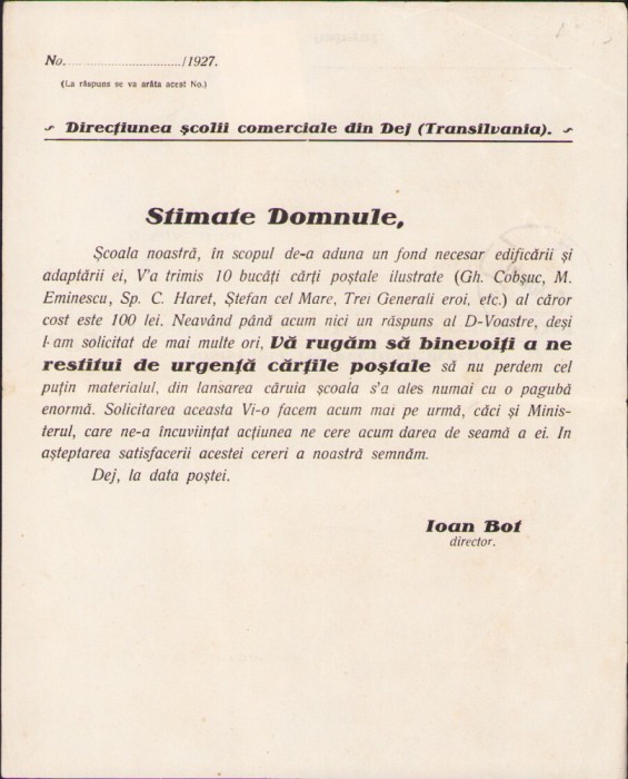 HST A1062 Act antet Școala comercială Dej 1927