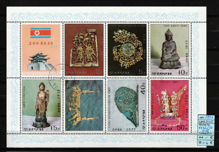 Coreea Nord, 1977 | Relicve şi bijuterii vechi - Sculpturi | Bloc 7v | aph