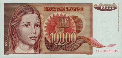 IUGOSLAVIA █ bancnota █ 10000 Dinara █ 1992 █ P-116a █ UNC █ foto