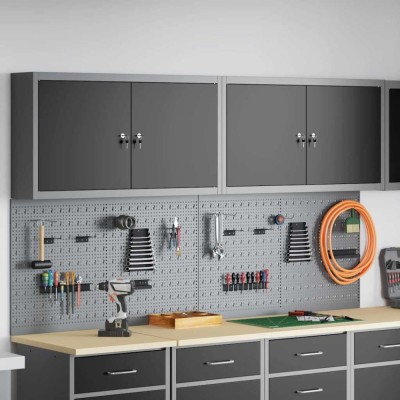 Set dulap unelte &amp;amp; panou c&amp;acirc;rlige de perete, 6 piese negru metal foto
